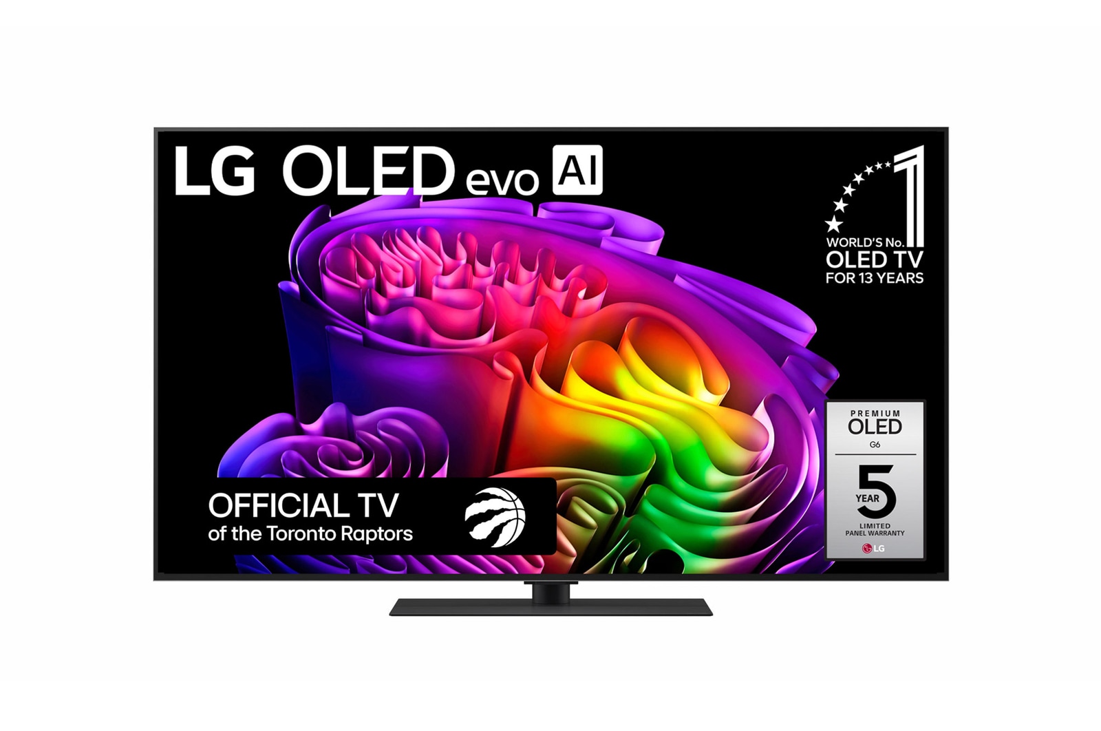 The front view of LG OLED evo AI G6, released in 2026, features a slim black bezel, with a vivid, sculptural image of richly layered, multicolored forms filling the screen.